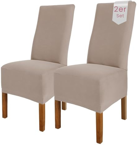 Scheffler Home Stuhlhussen 2er Set Taupe Jersey Baumwolle Emma | Waschbare Stuhlbezüge, Stretch Chair Cover für Hochlehner, Polsterstühle und Esszimmerstühle, Öko-Tex zertifiziert