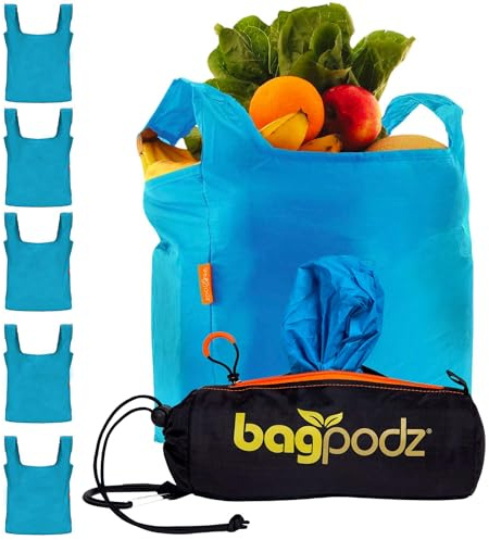 BagPodz Sturdy Reusable Grocery Bags Foldable and Washable - Made From RipStop Nylon Hold 50lbs - Designed in USA Reusable Shopping Bags Inside a Compact Pod with Carry Clip - 5 Pack in Blue
