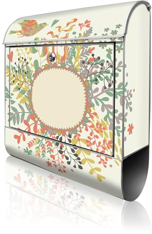 banjado Design Briefkasten personalisiert 38,5x46,5x13cm & 2 Schlüssel - Briefkasten Stahl Weiß Zeitungsfach pulverbeschichtet - Postkasten A4 Einwurf inkl. Montagematerial - Motiv WT Frühling