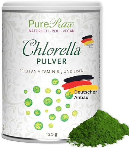 PureRaw Chlorella Pulver 120g aus Deutschland - Regional, Rein & Kontrolliert (Roh Vegan) Algen reich an Vitamin B12 Eisen Spermidin Chlorophyll - Grüne Mikroalge Chlorella Vulgaris