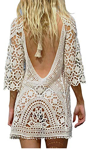 Copricostume da Bagno Donna in Maglia Uncinetto Estate Abito da Spiaggia Bikini Cover Up Camicetta Maglia Tunica Kaftan Top (One Size, Senza Schienale Bianca)