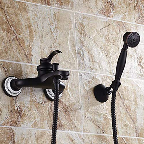 UZSYLE Euro Art Badezimmer Wandmontage Dusche Wasserhahn Schwarzer Überzug Dusche Wasserhahn Set Armatur Badewanne Mit Keramik-Basis Heiß- Und Kaltwasser-Hahn, Schwarz A
