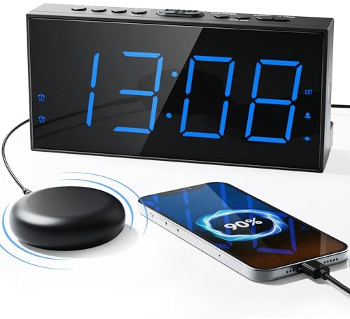 Roxicosly Loud Alarm Clock with Bed Shaker, Vibrating Alarm Clock for Heavy Sleepers/Hard of Hearing/Deaf,Dual Alarms, 7.5’’ Large LED Display, Dimmer, USB Charging Port, Plug-in with Memory Function