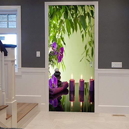 A.Monamour Türtapete Selbstklebend Türfolie Türposter 3D Zen Steine ​​Kerzen Orchideen Blumen Tuch Spa Stillleben Abstrakt Vinyl Folie Türdeko Tapete Wandbild Türaufkleber Türtattoo 90 x 200 cm