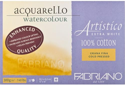 Fabriano Artistico Acquarello Watercolour, extra weiß, Feinkorn cold pressed, 31 x 41 cm, 20 Blatt 300 g/m², hochwertiger Künstler-Aquarellkarton, Block 4-seitig geleimt, vegan