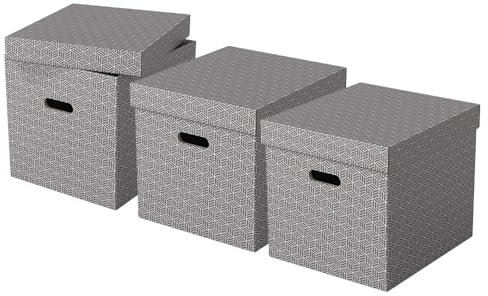Esselte Set di 3 Contenitori Cubici Grandi con Coperchio in Cartone Riciclato e Riciclabile al 100%, Ottimali per lo Stoccaggio e l'Archiviazione, Design Geometrico, 320 mm x 315 mm x 365 mm, Grigio