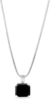 Sprezzi Fashion Herren Halskette Silber mit Onyx Stein Anhänger aus 925 Sterling Silver modern Pendant Necklace verstellbar massiv mit Geschenkbox [Onyx, eckig]