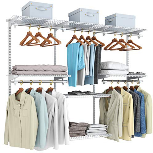 COSTWAY Closet Organiser System, Wall-Mounted Adjustable Metal Rail Garment Rack, Space Saving Clothes Storage Unit for Wardrobe and Bedroom (White, 4 Hanging Rods + 6 Storage Shelves)