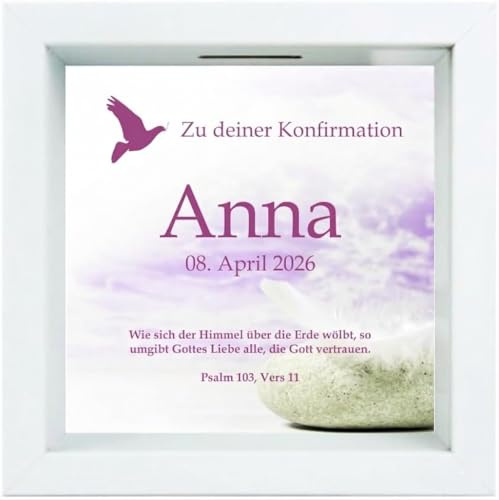Bilderrahmen-Spardose – personalisiert mit Name und Datum – Geschenk zur Kommunion/Konfirmation – Motiv Taube – Geldgeschenk – 3D-Sparbüchse (Konfirmation, Pink)