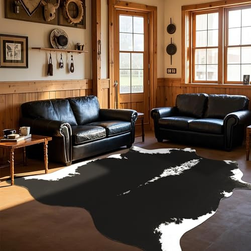 BENRON Premium Black Faux Cowhide Rug 55x62 Inch, Cow Print Rugs for Living Room Bedroom Western Decor, Cute Animal Cow Hide Rug Carpet 4'7''x5'2'', (HS685HI)