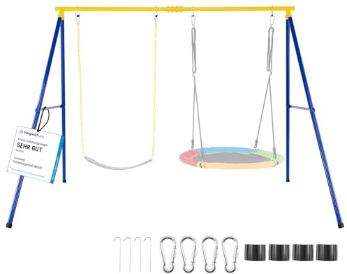 COSTWAY Portique Balançoire Exterieur en Métal avec Cadre en Forme A, Balançoire Enfant Extérieur avec Mousquetons & Capuchons de Pieds, Intérieur Extérieur, Charge 300kg pour 3 Ans+, sans Balançoire