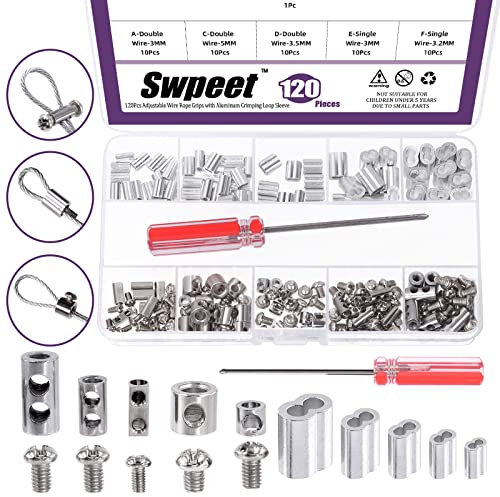 Swpeet 121Pcs Adjustable Wire Rope Clips Clamp and Aluminum Crimping Loop Sleeve with Screwdriver Assortment Kit, Wire Rope Grips Wire Rope and Cable Wire Rope Lock with End Screw Stopper for Cable