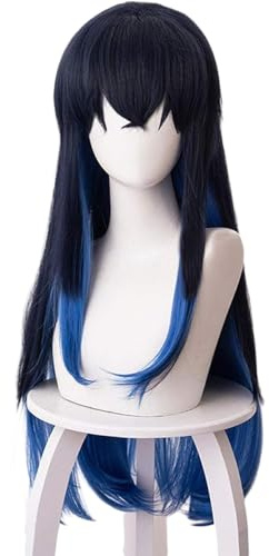 Parrucca per Costume da Cosplay Anime, Parrucca Femminile Capelli Lunghi Neri e Blu per Donne, Halloween, Natale
