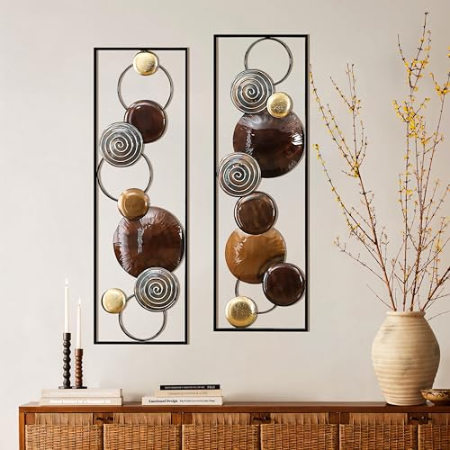 LuxenHome Metal Wall Art, 2 Pieces Abstract Wall Décor Brown, 36x12