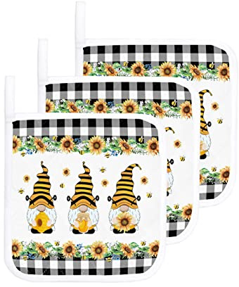 Set di 3 presine a forma di girasole con gnomo ape, presine scozzesi nere, presine antiscivolo a prova di calore, presine calde per cucina, cottura, barbecue