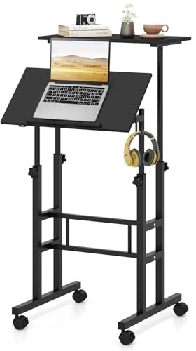 GIANTEX Escritorio de Pie con Altura Ajustable, Mesa Auxiliar con Ruedas, 60x60 cm, Tablero Separable Multiuso, Marco de Acero Reforzado, Escritorio de Ordenador para Oficina, Salón (Negro)