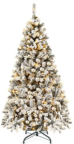 LIFEZEAL Albero di Natale Artificiale 225 cm / 180 cm (180cm) | Flockato con 1010 Rami in PVC, 450 Pezzi LED Bianchi Caldi e Base in Ferro