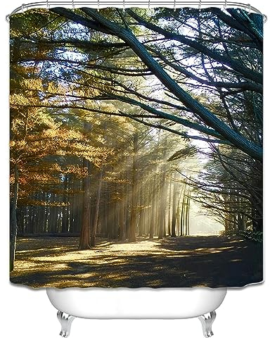 Homxi Duschvorhang mit Ösen,180 W x 200 H cm,Duschvorhänge Braun Bäume und Sonnenlicht Duschvorhang Polyester Ringe Duschvorhang Weiß