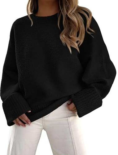 PRETTYGARDEN Women's Fall Oversized Sweaters Casual Crewneck Pullover Long Sleeve Fuzzy Chunky Knit Tops Blouse (Black,Medium)