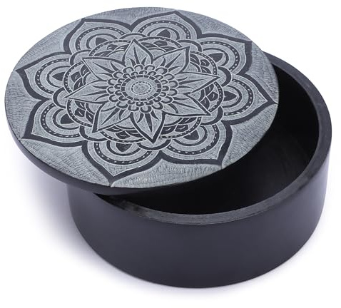 Ajuny Handgefertigte runde dekorative Box aus schwarzem Marmor-Speckstein mit Mandala-Schnitzereien, vielseitig einsetzbar als Schmuckaufbewahrung, Schmuckhalter, Heimdekoration, 12,7 x 12,7 x 5,1 cm