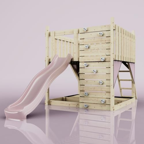 Rebo Spielturm aus Holz mit Kletterwand | Outdoor Klettergerüst mit Plattform, Wellenrutsche und Sandkasten