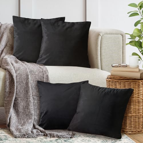 4er Set Sofakissen mit Füllung und Bezug 45x45cm weiche Kissenhülle mit Dekokissen Couchkissen für Sofa, Schlafzimmer, Wohnzimmer, Balkon, schwarz Eclipse, flauschig, mit verstecktem Reißverschluss