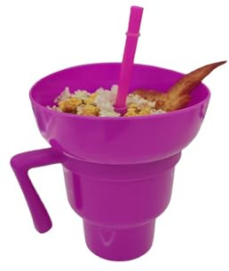 ELDTEC Stadium Tumbler With Snack Bowl, 2 in 1 Cup With Straw, Reusable and Leakproof Drink Container, All-in-One for Adults Kids (Purple)