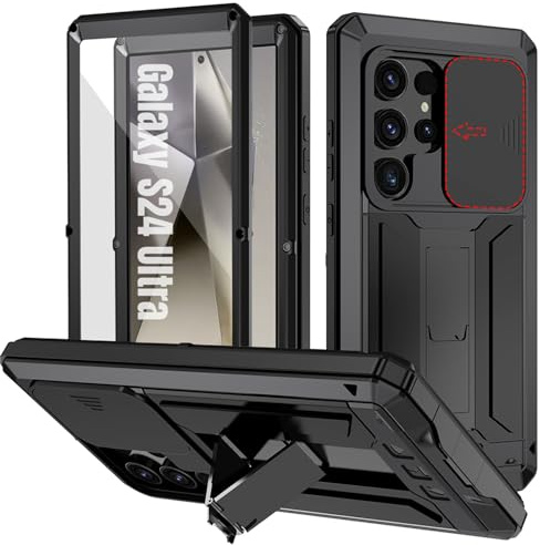 qichenlu Metall Bumper Displayschutz Glas Silikon 360 Grad Hülle für Samsung Galaxy S24 Ultra,Schiebare Kamera Schutz Ständer,Sturzsichere Panzerhülle,Schwarz