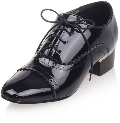 SHEMEE Chunky Heels Oxfords for Women Patent Leather Mid Low Heels Pumps Retro Wingtip Laced Brogues Shoes Black,Size 11
