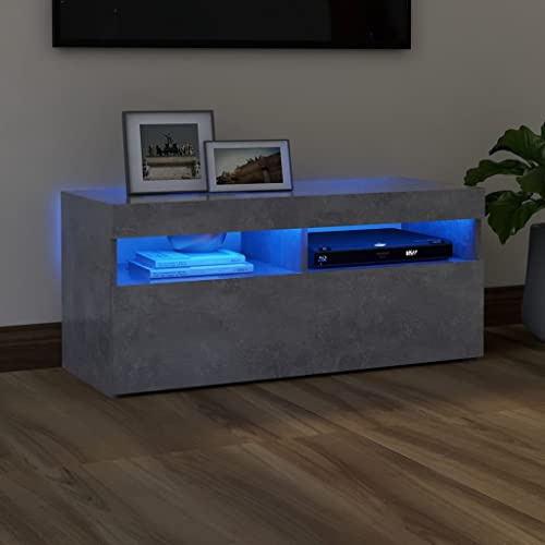TJROO TV-Schrank aus Zementgrau mit LED-Lichtern, 90 x 35 x 40 cm, aus mehrschichtigem Holz, mit Türen, Konsole, Fernseher, Vitrine, Schrank
