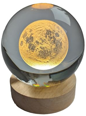 Pfronten Schmuck Hologramm Glaskugel (ca. 8 cm) Mond inkl. Holz LED-Untersetzer (ca. 7 cm) 3D Kristallkugel Nachtlicht Stimmungslicht Lampe