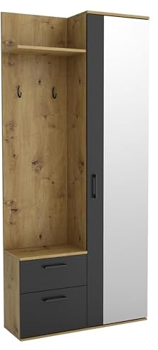 Garderobenschrank Flur 90 cm Breit Watford, Flurgarderoben Set mit Spiegel, Schuhschrank und Regalen, Vorzimmer Flur Möbel - Schwarz/Artisan Eiche