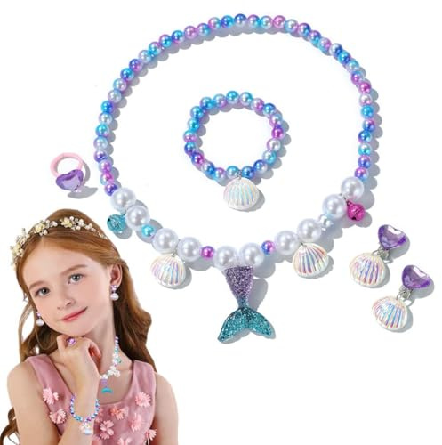 Schmuckset für Mädchen, Kinderschmuck bestehend aus Halskette, Ring, Armband, Ohrringen, Einhorn-Schmuckset, Party-Anziehgeschenk für Mädchen ab 3 Jahren(lila)