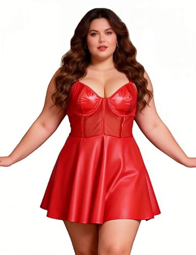 ohyeahlady Plus Size Miniklänning Dam Rygglös Kurvig Klänning Nattlinne Babydoll Underkläder Underkläder Sovkläder Pyjamas Morgonrock Underkläder med G-String, Rött läder, M