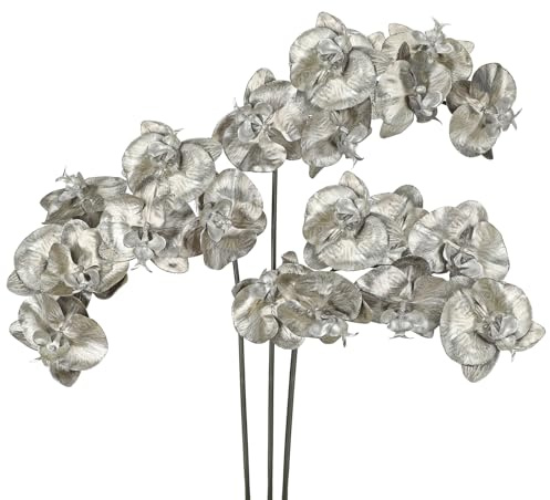 Briful 3er Set Künstliche Orchideen Stiele – 80 cm Glitzernde Deko Phalaenopsis Kunstblumen – Silber Künstliche Blumen für Weihnachten, Vase, Hochzeit & Wohnraumdekoration