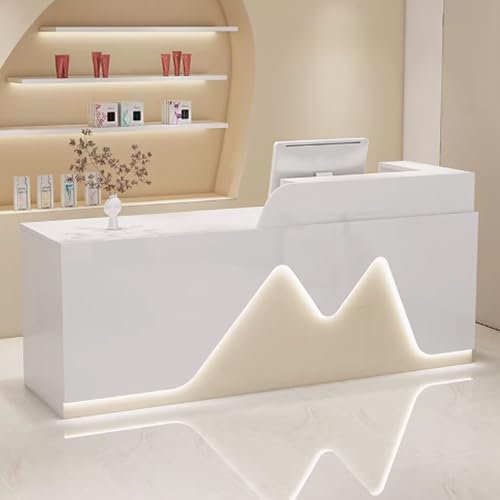 GUQASDV Reception Desk Salon, Empfangstheke Tresen Rezeption, Empfangstresen für Praxis, Bürotheke Reception Tisch für Geschäfte, Arbeitsplätze aus Holzwerkstoff(White+Light Natural,140cm)