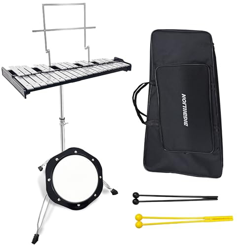 BIGBILLION 32 Note Glockenspiel Xylophon Bell Kit, Professionelles Percussion Xylophon Kit mit 8 Zoll Drum Practice Pad, Ständer, Glockenspiel Stick, Drum Sticks und Tragetasche