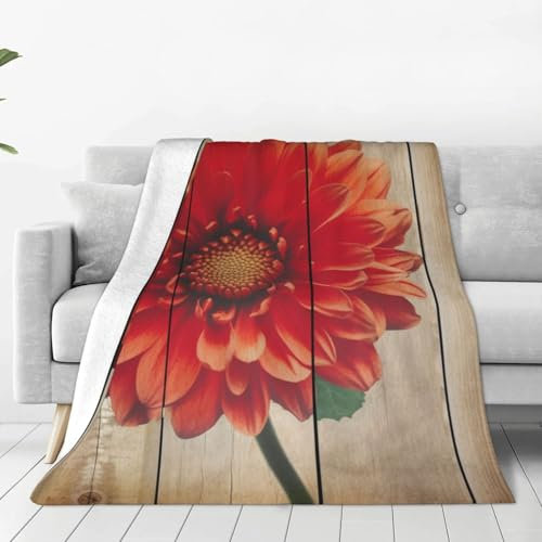 AABSTBFM Flanell-Überwurfdecke mit Holzbrett, Retro-Blume, rote Dahlie, bedruckt, weiche Mikrofaser, warm, flauschig, Decken für Bett, Couch, Sofa, Auto, 125 x 150 cm