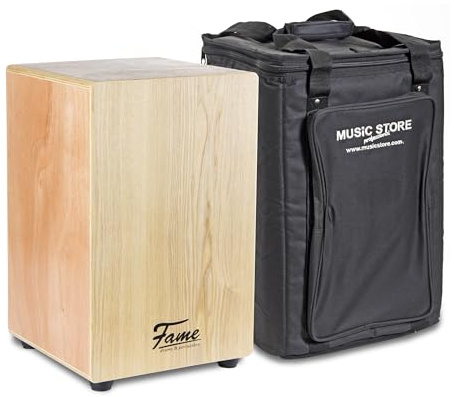 Fame Cajon Travel Set, Beginner String Cajon with Ash Frontplate, Matt Finish, Guitarsnare System, Includes Tuning Key, Cajon Backpack, Natural Wood Color, 30x30x48 cm