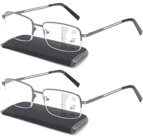 Missfive 2 Pack Geschäftsstil Nahbereichs-Gleitsichtbrille Herren Multifokale Lesebrille Metall Gleitsicht lesebrille mit Federscharniere, Nähe-Mittlere Entfernung, 2 Gunmetal, 1.75x