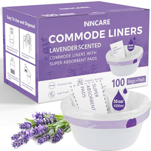 ININCARE Fodere per toilette con cuscinetti assorbenti per comodino, 100 fodere profumate alla lavanda e 100 tappetini per WC, WC e sacchetti da campeggio