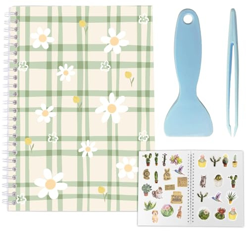 CRASPIRE Sticker Book 40 Pages Green Flower Reusable Album Storage 8.26x5.82In Double-Sided Waterproof Blank Pasteable Notebook with Tools for Adults Release Paper Holder Saver Organizer