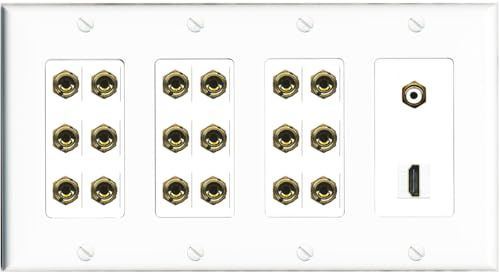 RiteAV Placa de pared con sonido envolvente 9.1 9 altavoces 18 banana Plug Jack con subwoofer RCA + conectores HDMI hembra, 4 bandas [blanco]