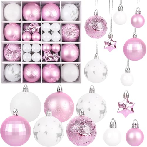 44er Kunststoff Weihnachtskugeln rosa weiß Set,3/6cm Weihnachtskugeln Bruchsicher Christbaumkugeln Weihnachtsbaum Deko Mini Christbaumschmuck mit Verpackung für Outdoor Indoor Tannenbaumkugeln
