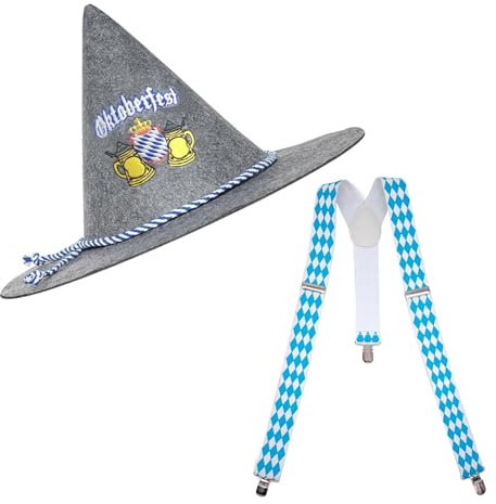 Oktoberfest Accessoires, Seppelhut Filzhut Trachtenhut, Oktoberfest Hut und Hosenträger, Blau Weiße Kordel Sepplhut, Traditionelles Herren Damen Outfit Zubehör, für Bayern Wiesn Volksfest Karneval