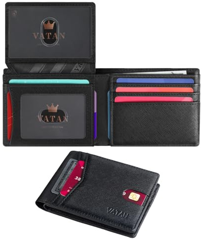 Vatan Wallet for Men Slim RFID Blocking Leather Credit Card Holder Wallet for 15 Cards, Bifold Minimalist Thin Wallet with 2 ID Windows & Cash Slot, with Gift Box (Cross Grain Black)