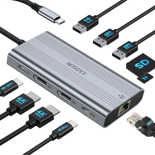XAOSUN USB C Docking Station 2 Monitore,10 in 1 USB C Hub mit Dual HDMI 4K@60Hz,100W PD Laptop Dockingstation,10Gbps USB3.1 A und C, Gigabit Ethernet,SD/TF,Thunderbolt Dock für MacBook Dell HP Lenovo