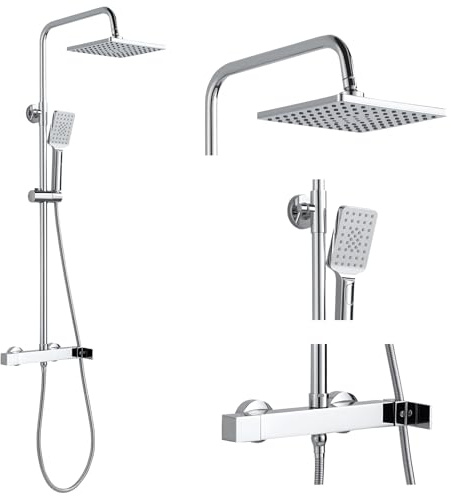 Duschsystem mit Armatur Chrom Eckige Duschset ohne Thermostat aus Messing | Duscharmatur Komplettset Höhenverstellbar 80-117cm, Duschamaturenset mit 21 cm Regendusche, 3 Strahlarten Handbrause, 150mm