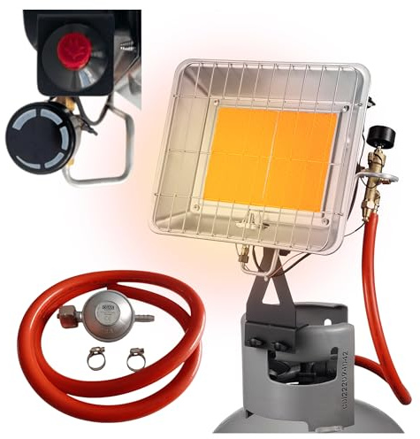 Climative Gasheizstrahler 4,5 kW mit Piezo Zünder, heizstrahler terrasse, heizstrahler outdoor, inkl. Druckregler, Schlauch und stabilem Ständer, terrassenstrahler gas, sparsam, heizung außen