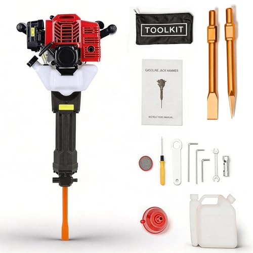 Demolition Jack Hammer, 2 Stroke 52CC 1900W Gas Powered Jack Hammer Concrete Breaker Single Cylinder Air Cooled Heavy Duty Jackhammer Excavator Garden Tree Digger w/Pointed Pickaxe&Flat Pickaxe